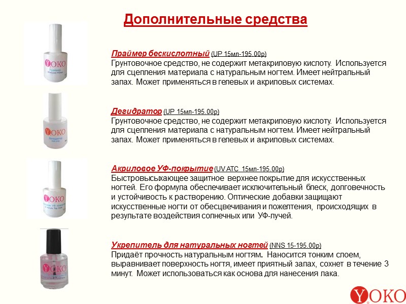 Дополнительные средства Праймер бескислотный (UP 15мл-195.00р) Грунтовочное средство, не содержит метакриловую кислоту. Используется для